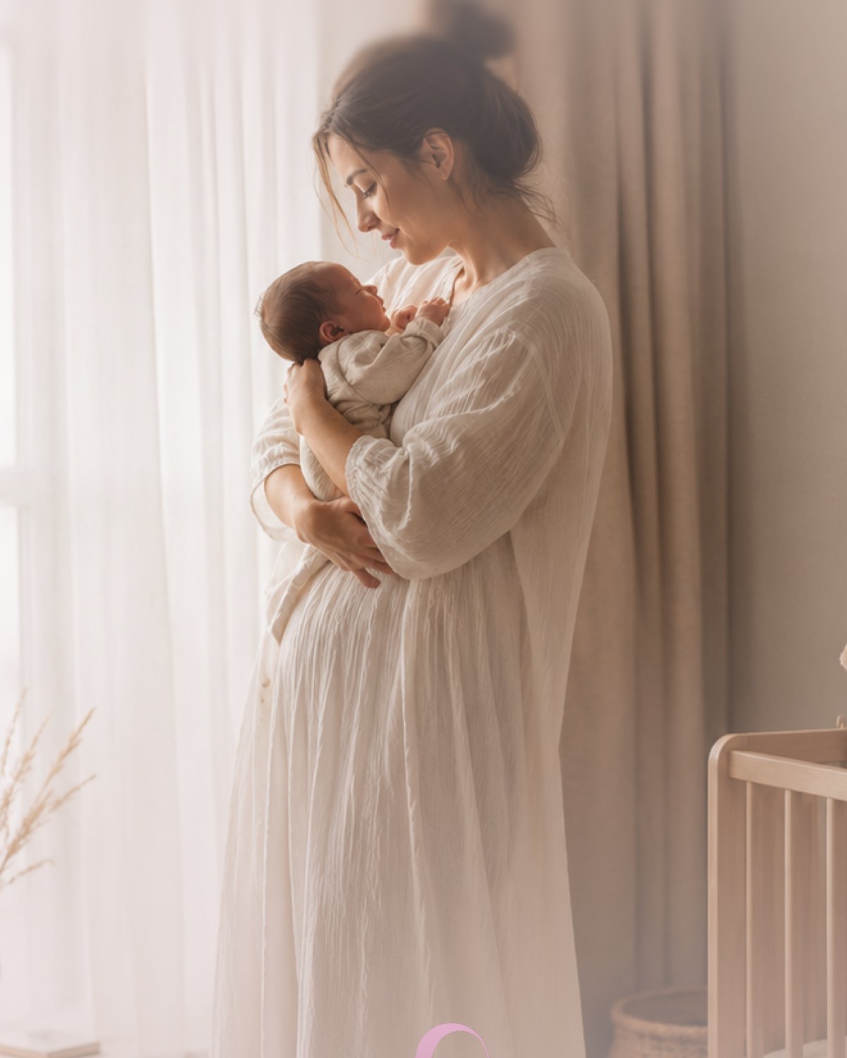 A mother holding her newborn in soft morning light