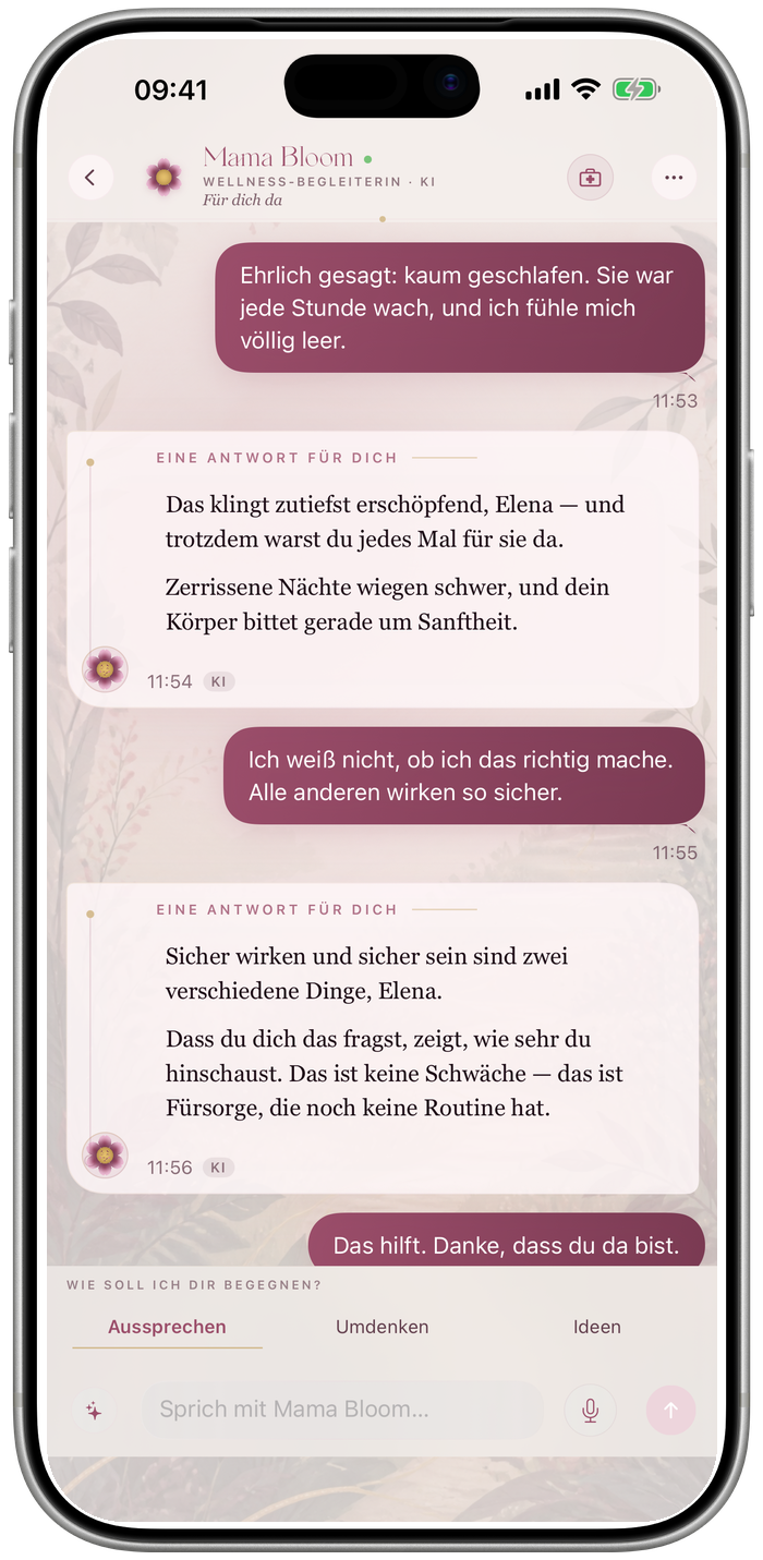 Mama Bloom AI mit einem privaten Begleitgespräch und sanften Impulsen zum Einstieg