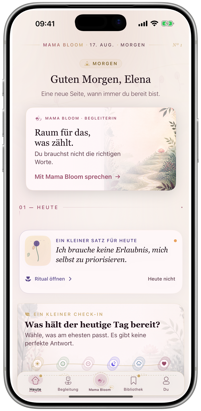 Die Mama Bloom Startseite mit persönlicher Begleiterin und Check-in