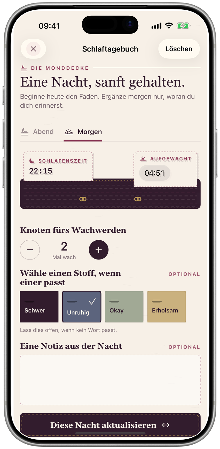 Die Monddecke als Schlaftagebuch mit Abendband und optionalen Schlafhelfern