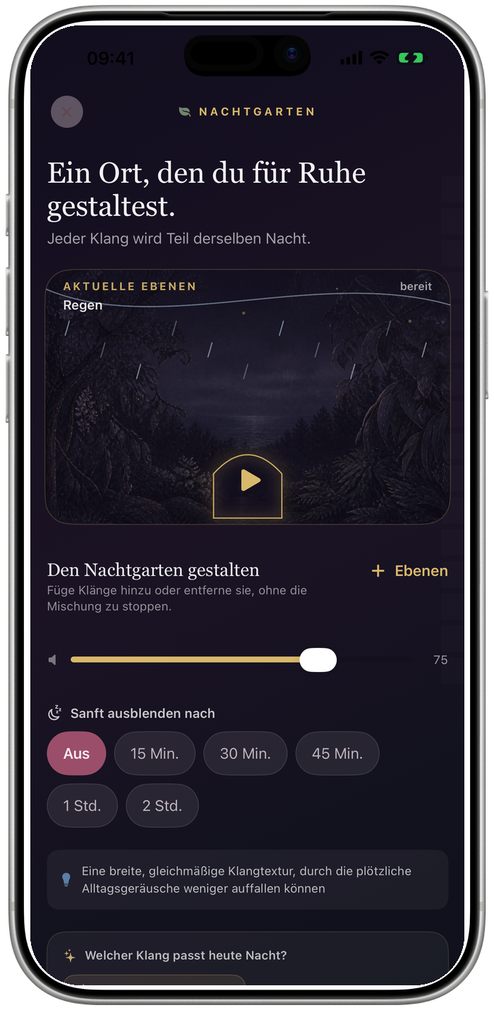 Der Nachtgarten mischt weißes Rauschen aus Regen, Ozean und Wald