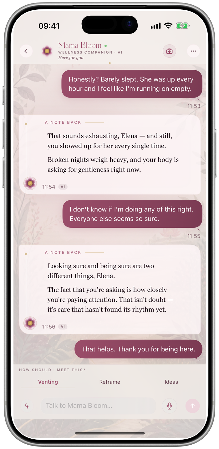 Mama Bloom AI offering a private companion conversation and gentle starting prompts