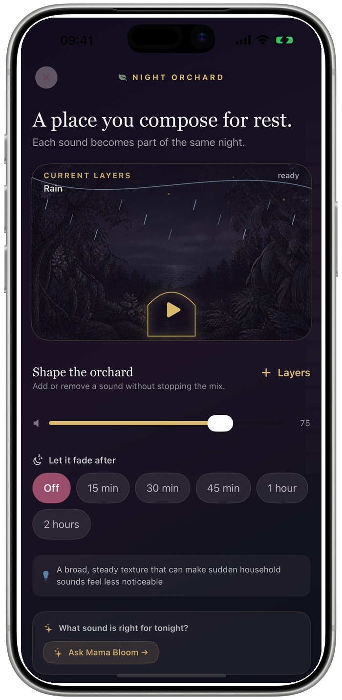 The Night Orchard white-noise composer mixing rain, ocean and forest
