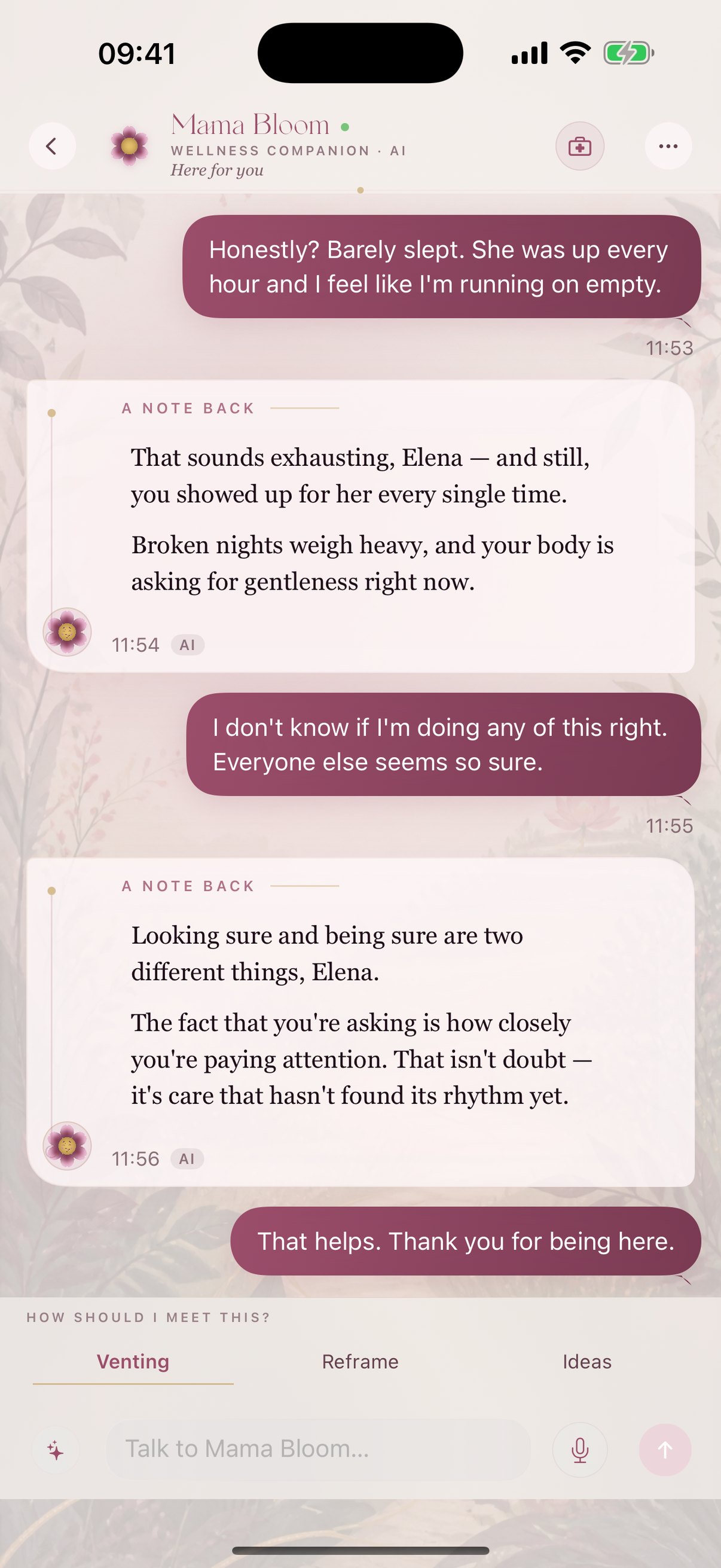 Mama Bloom companion, showing a gentle first conversation and supportive next steps