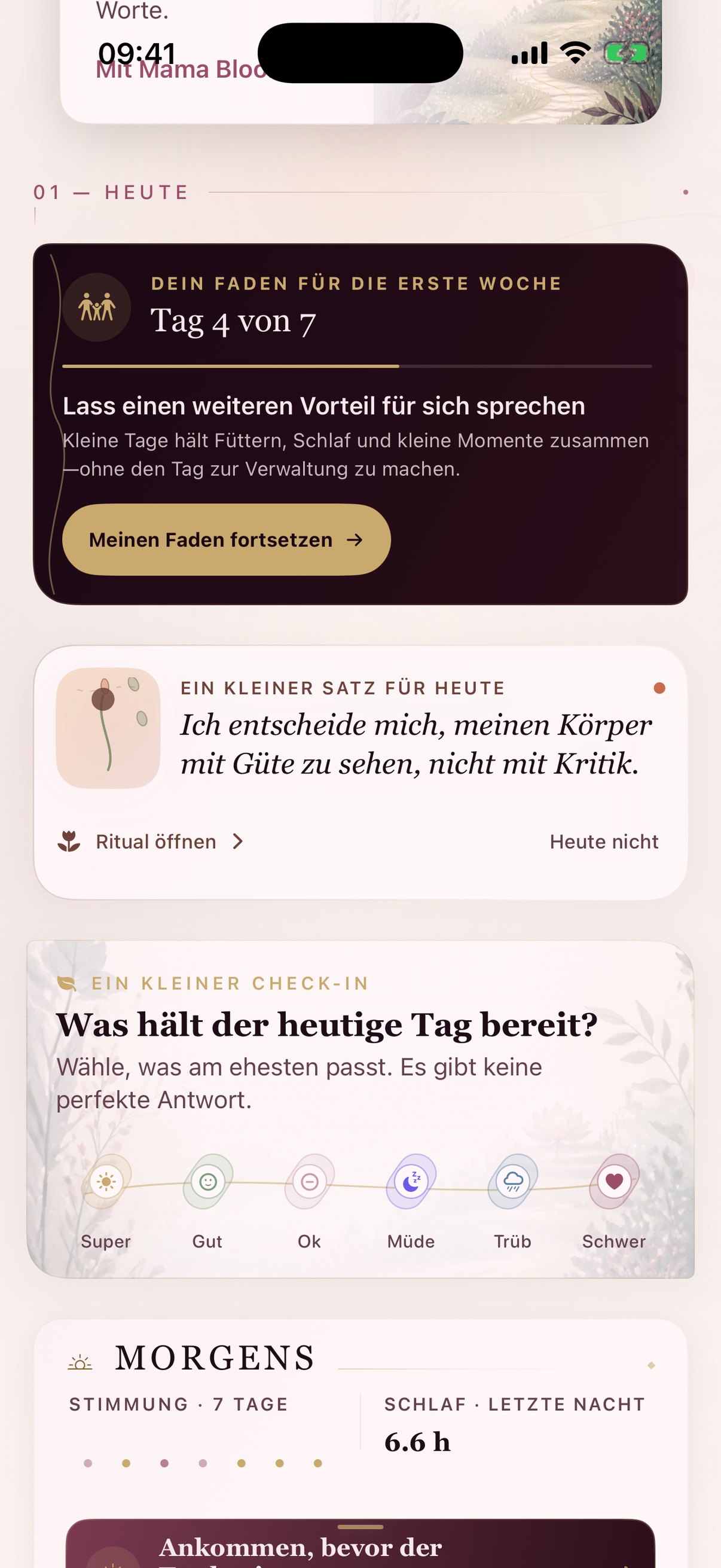 Der Mama Bloom Faden für die erste Woche auf der Startseite