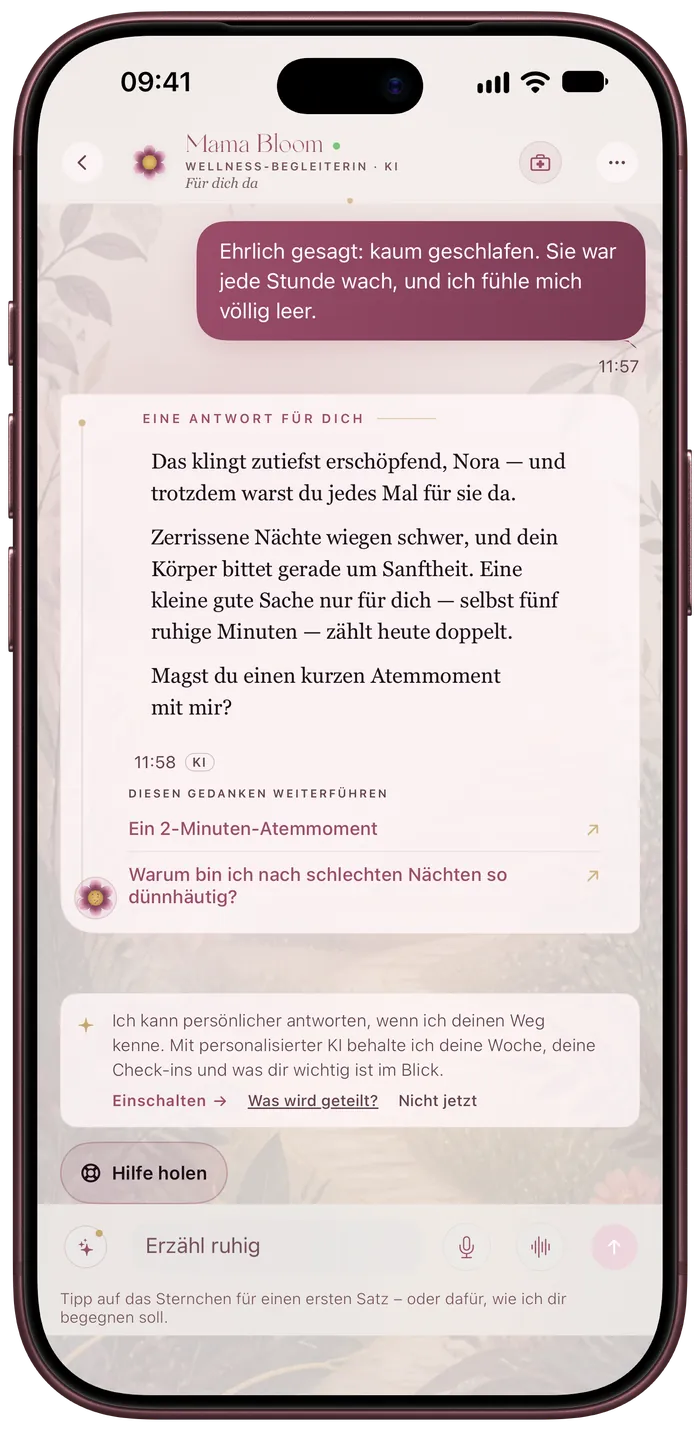 Ein Gespräch mit Mama Bloom KI, mit einem sanften nächsten Schritt und „Hilfe holen“ über dem Eingabefeld