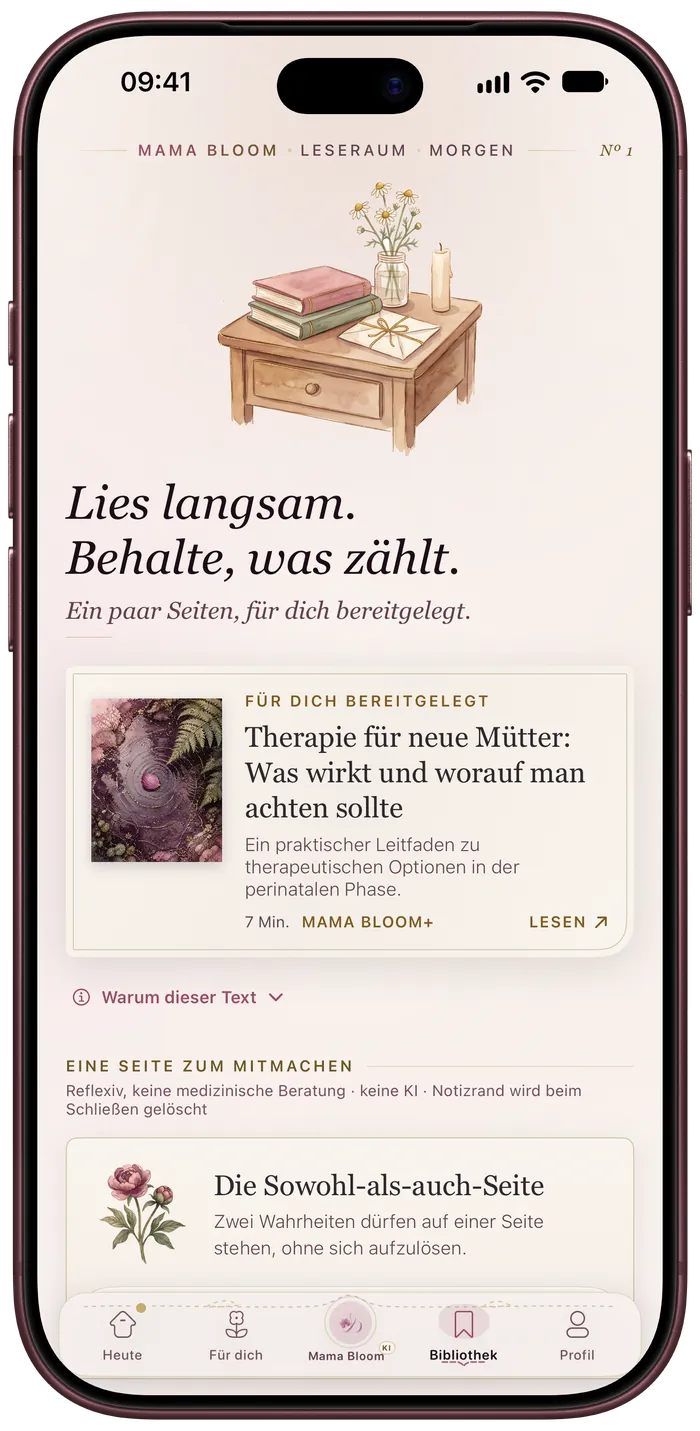 Mama Bloom Leseraum mit dem gemalten Nachttisch und dem Lesetisch Für dich