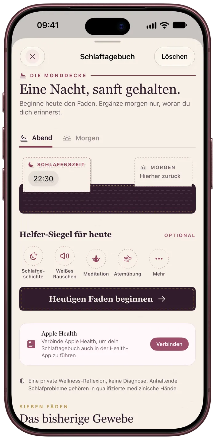 Die Monddecke als Schlaftagebuch mit Abendband und optionalen Schlafhelfern