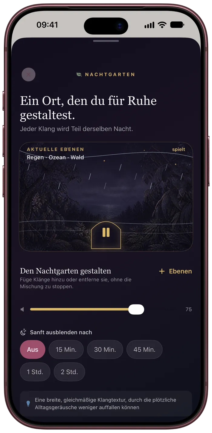 Der Nachtgarten mischt weißes Rauschen aus Regen, Ozean und Wald