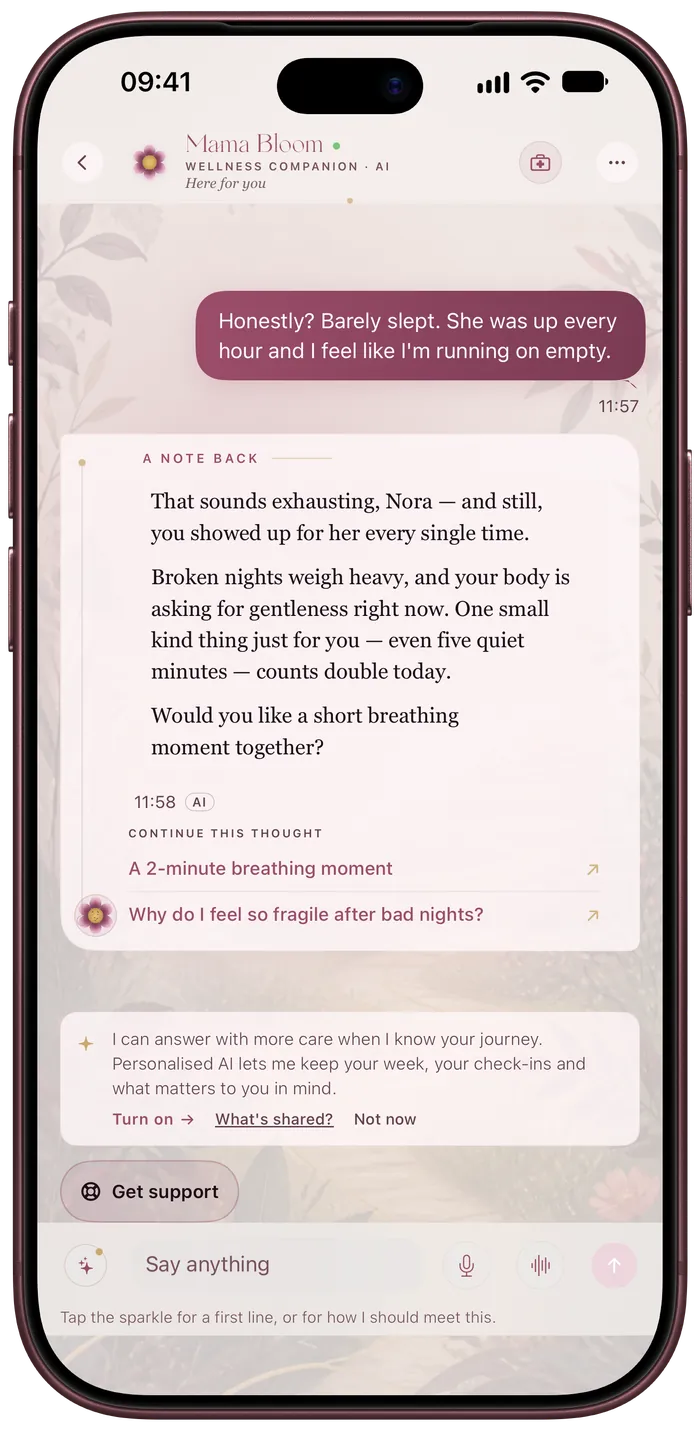 A conversation with Mama Bloom AI, with a gentle next step and “Get support” above the message field