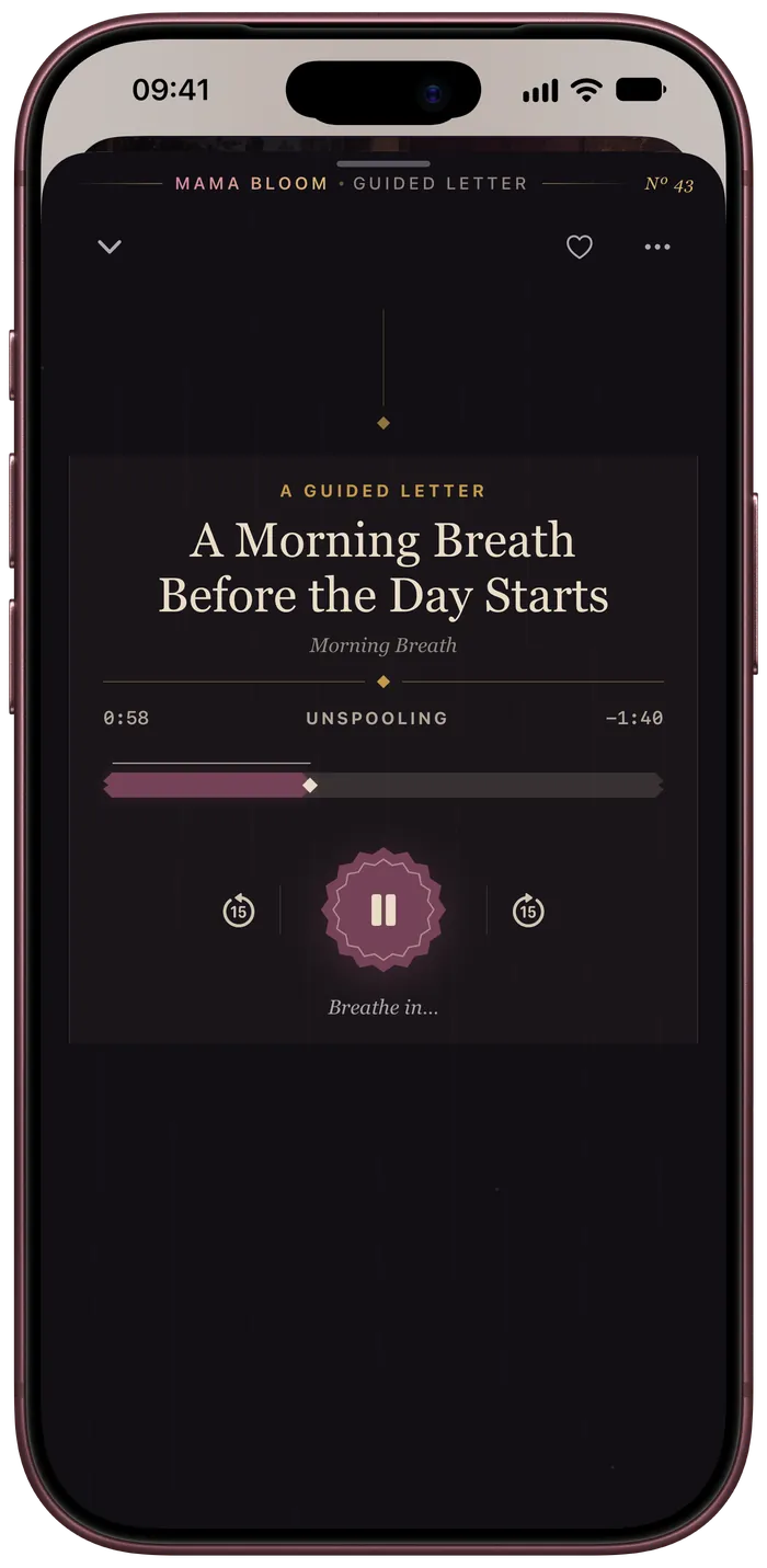 The Mama Bloom Letter Reel meditation player during a guided practice