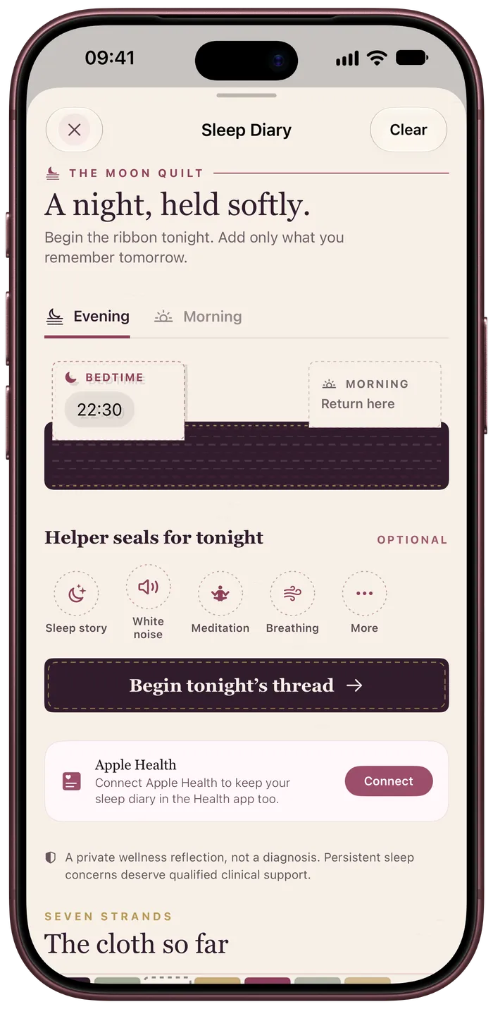 The Moon Quilt sleep diary with its evening ribbon and optional sleep helpers