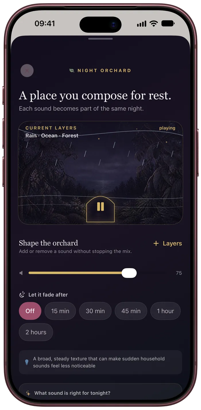 The Night Orchard white-noise composer mixing rain, ocean and forest
