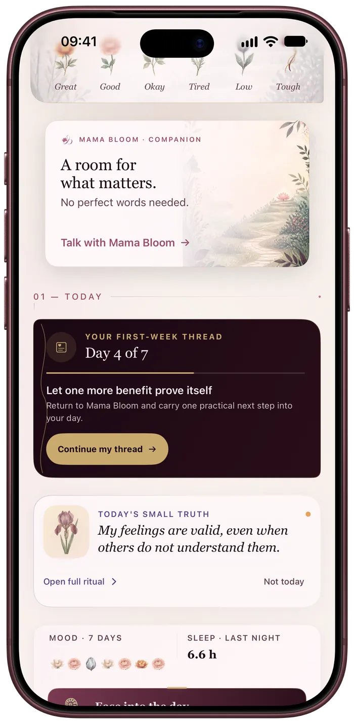 Mama Bloom first-week continuity thread with a clear resume action