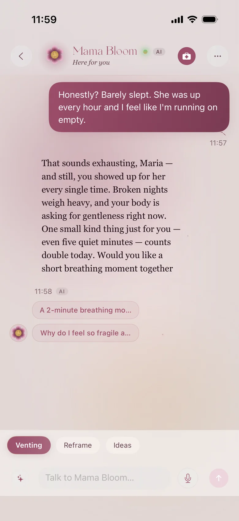 A gentle conversation with Mama Bloom, who listens and offers warm, non-medical support