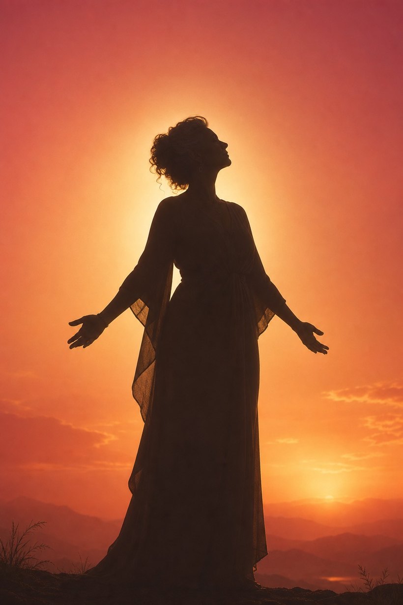 A woman in silhouette, arms open before a glowing sunset