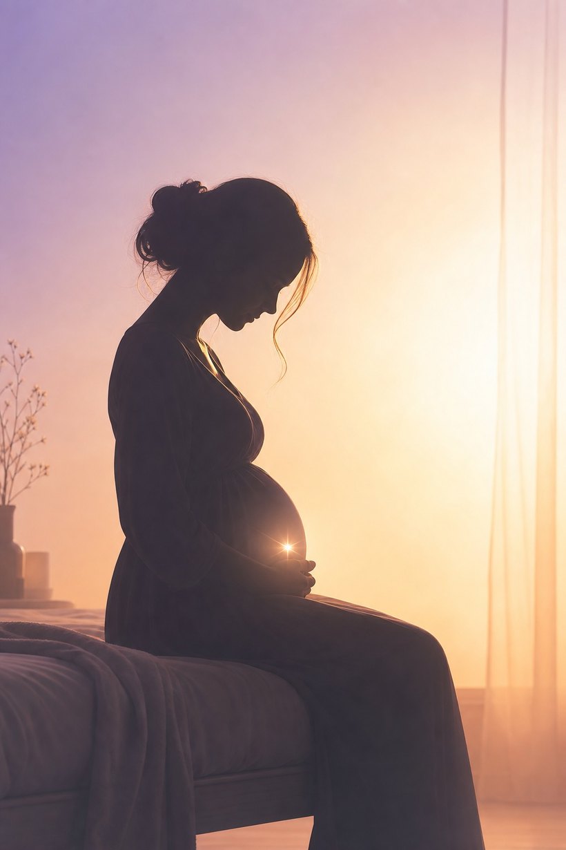 A mother in silhouette, a hand resting on her pregnant belly in warm light