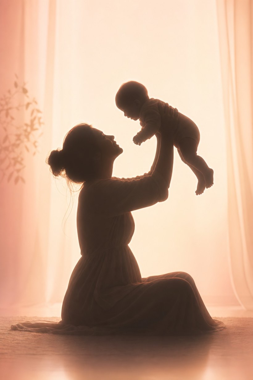 A mother in silhouette lifting her baby gently toward the light