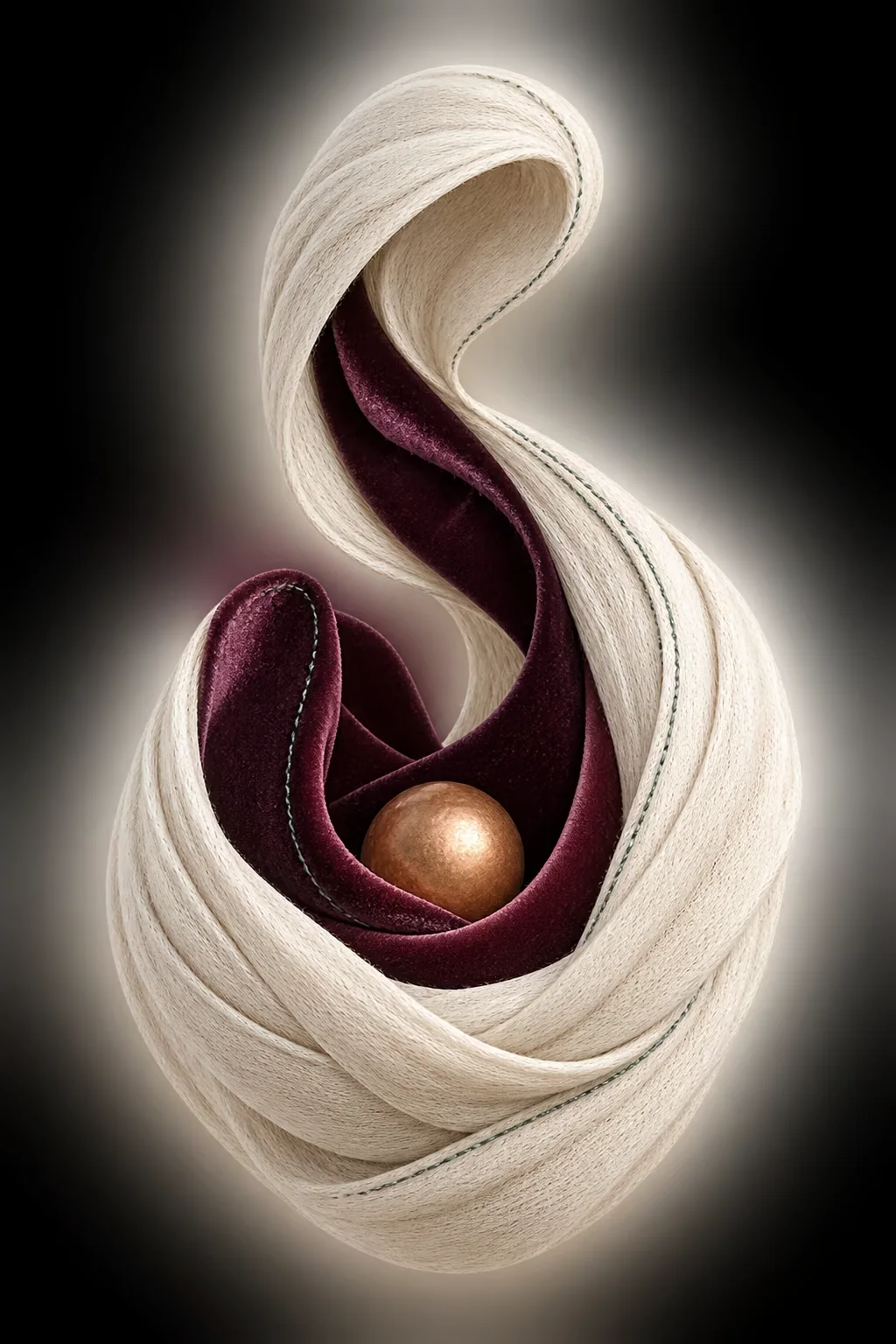 An abstract ivory and burgundy held form surrounding a copper point