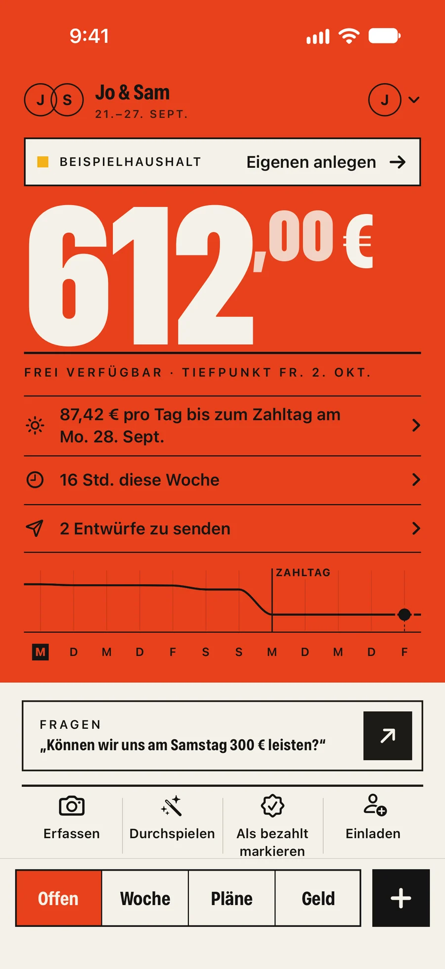 „Offen“ in der App: 612,00 € frei verfügbar, Tiefpunkt Fr. 2. Okt.