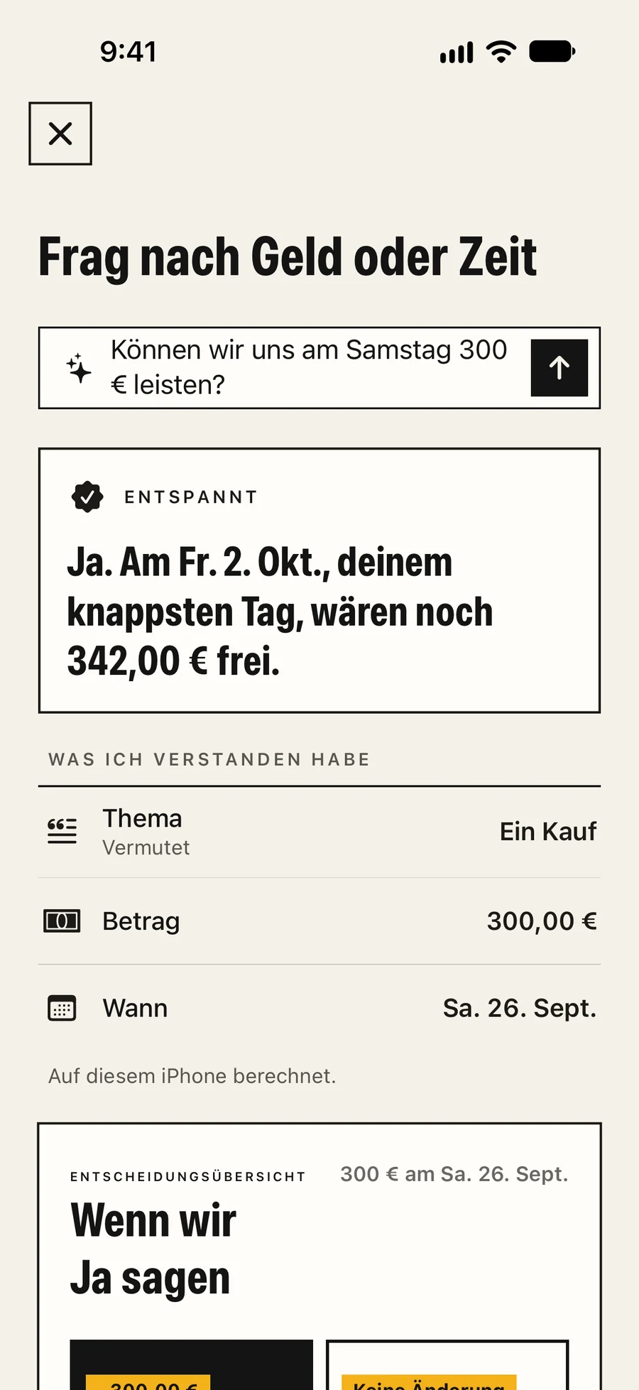 Der Fragen-Bildschirm von Kettle Money: Können wir uns am Samstag 300 € leisten? Entspannt: Am Fr. 2. Okt. wären noch 342,00 € frei.