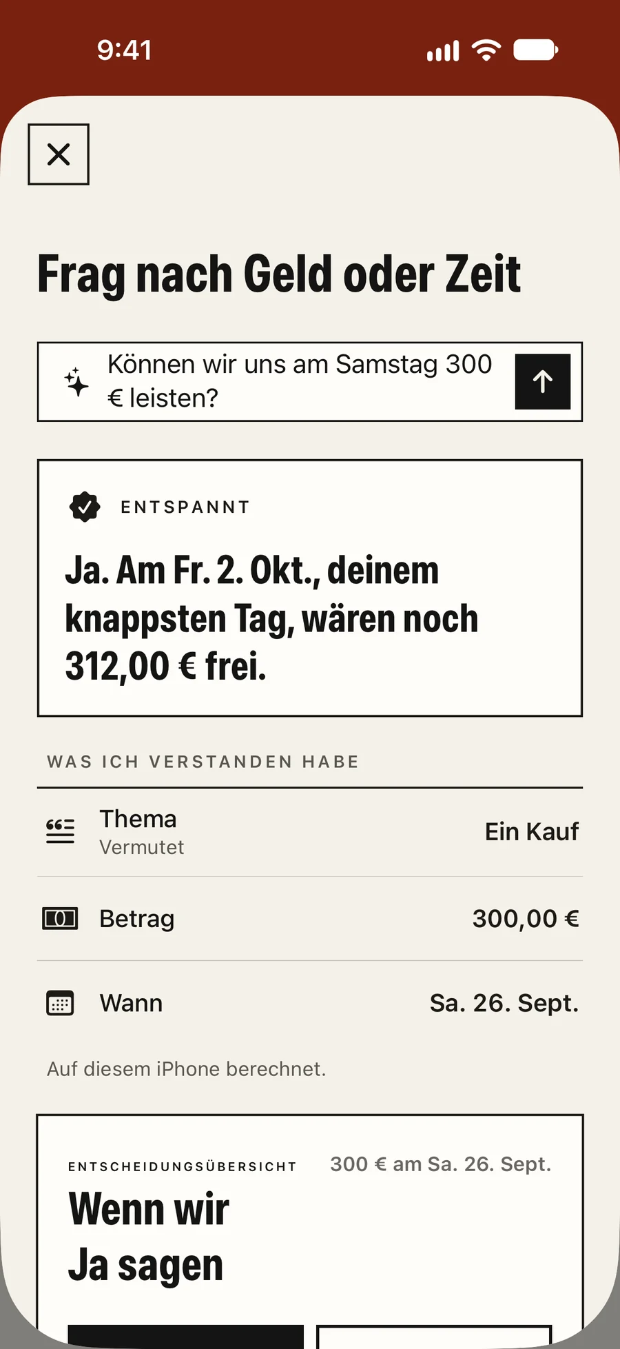 Der Fragen-Bildschirm von Kettle Money: Können wir uns am Samstag 300 € leisten? Entspannt: Am Fr. 2. Okt. wären noch 312,00 € frei.