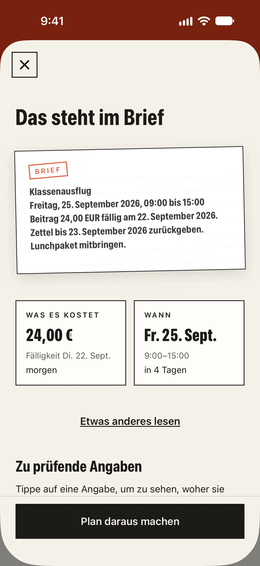 Kettle Money liest den Elternbrief auf dem iPhone: 24,00 €, fällig Di. 22. Sept.