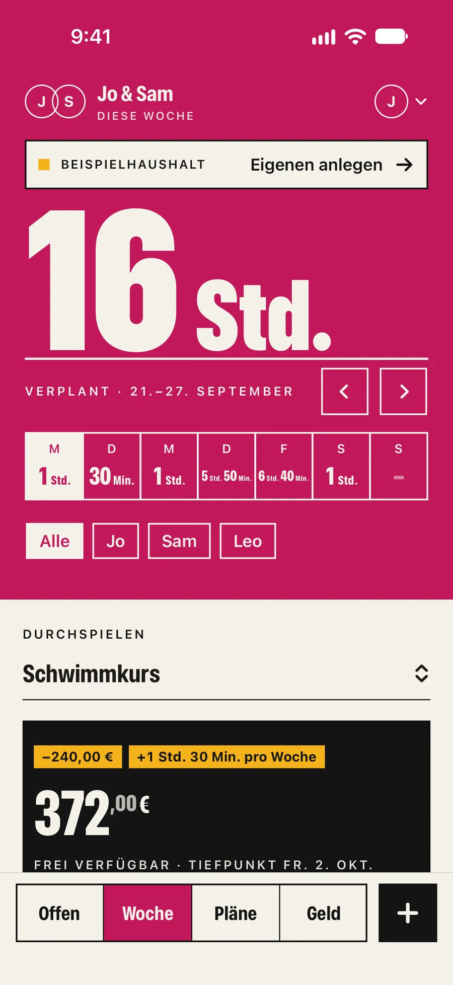 Der Wochenbildschirm von Kettle Money: 16 Std. verplant, 21. bis 27. September, mit dem Schwimmkurs zum Durchspielen.