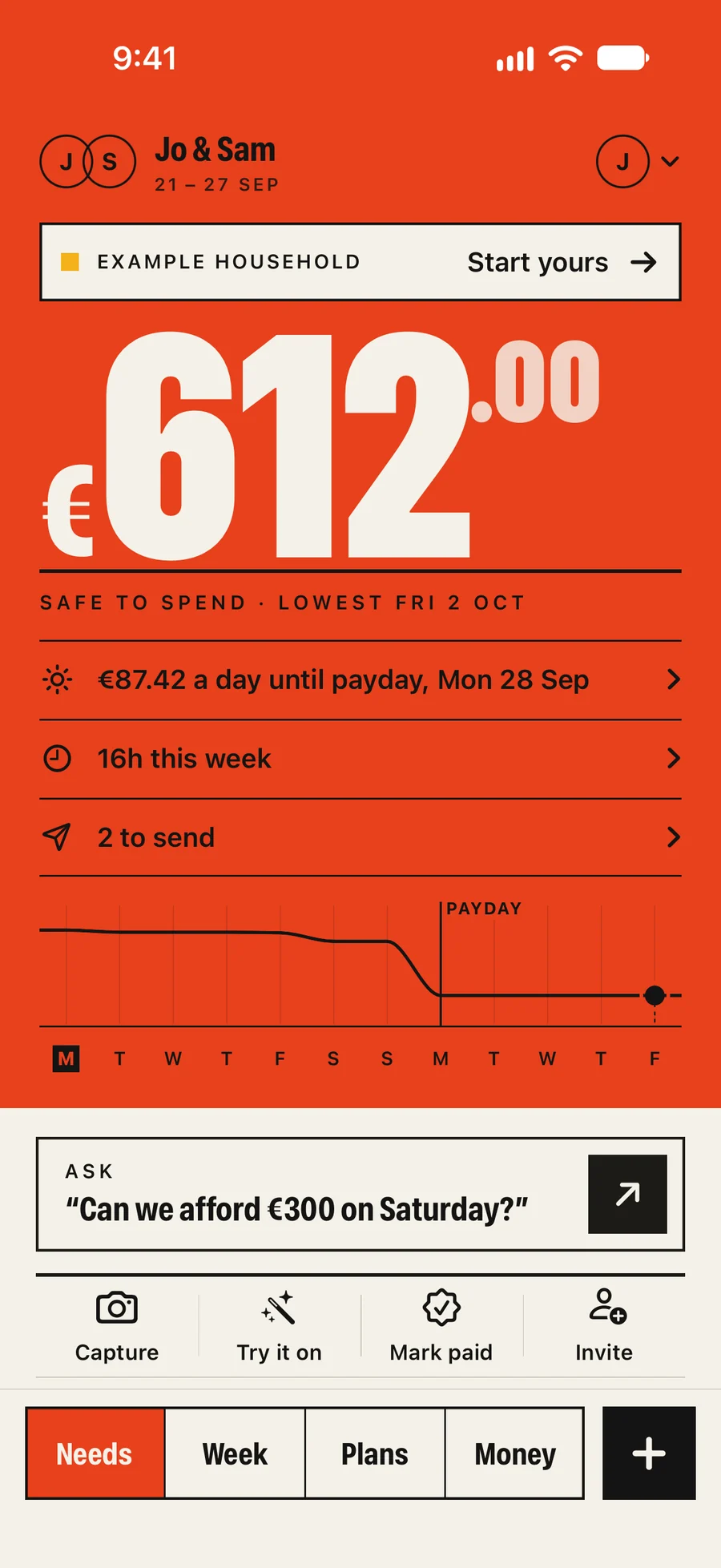 Needs in the app: €612.00 safe to spend, lowest Fri 2 Oct.