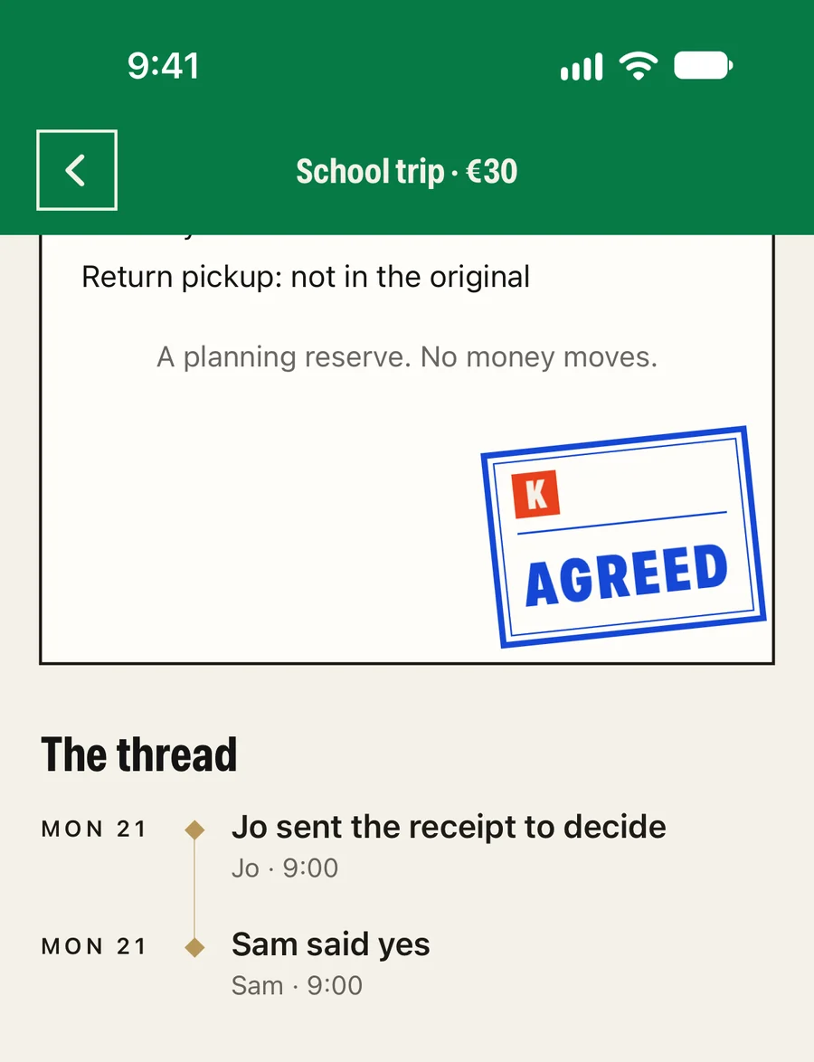 The school trip’s receipt in the app, stamped Agreed: Jo sent it, Sam said yes.