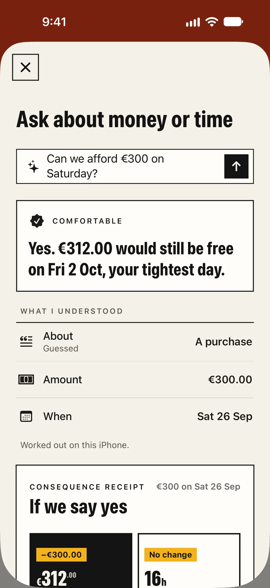 Kettle Money’s Ask screen: can we afford €300 on Saturday? Comfortable: €312.00 would still be free on Fri 2 Oct.