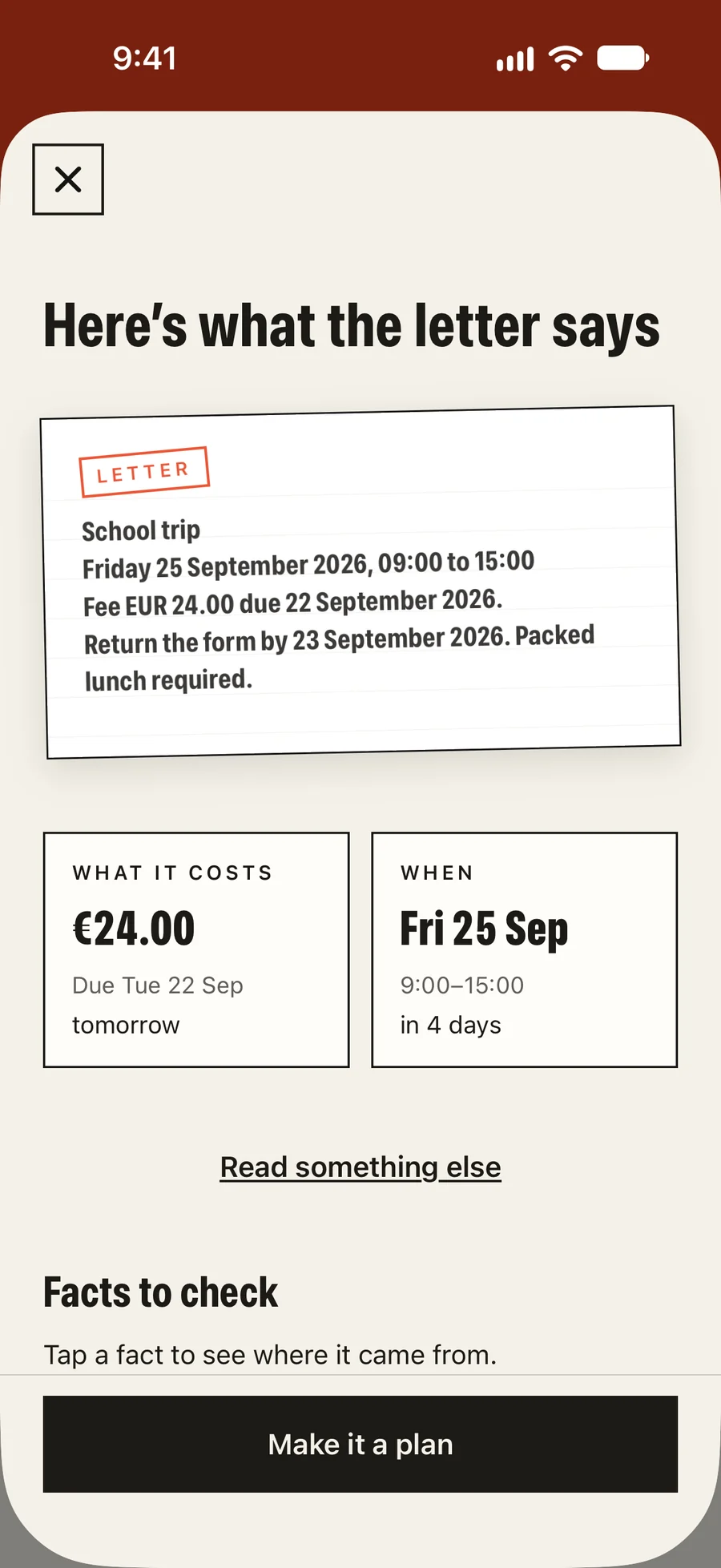 Kettle Money reading the school letter on iPhone: €24.00, due Tue 22 Sep.