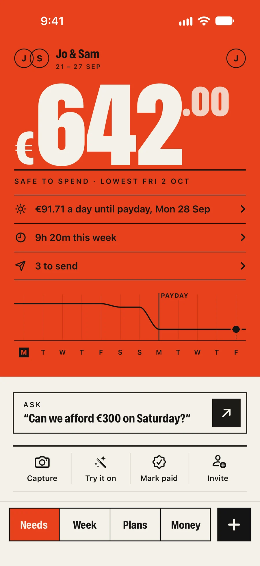 Kettle Money’s Needs screen: €642.00 safe to spend until payday.