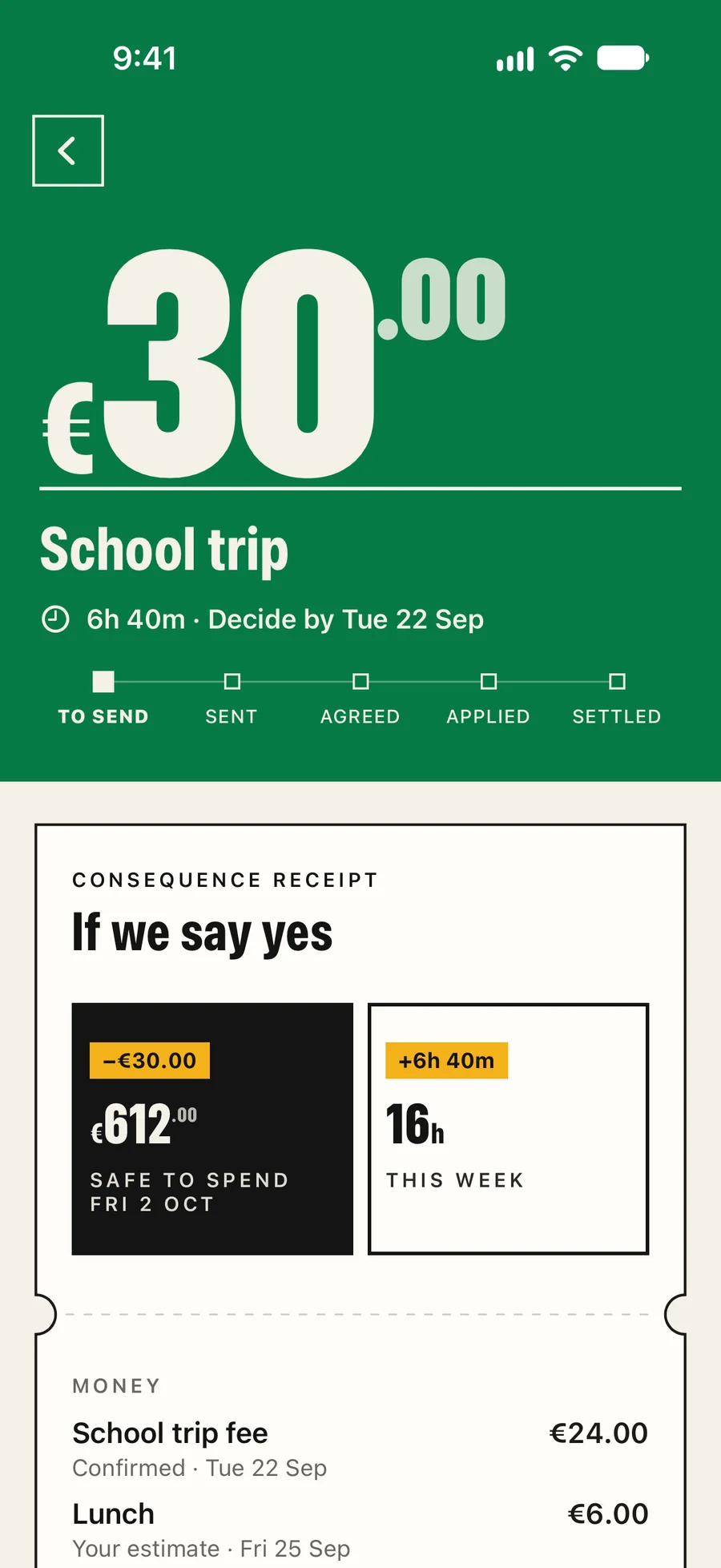 The school trip’s receipt in the app: €30.00, 6h 40m, decide by Tue 22 Sep.