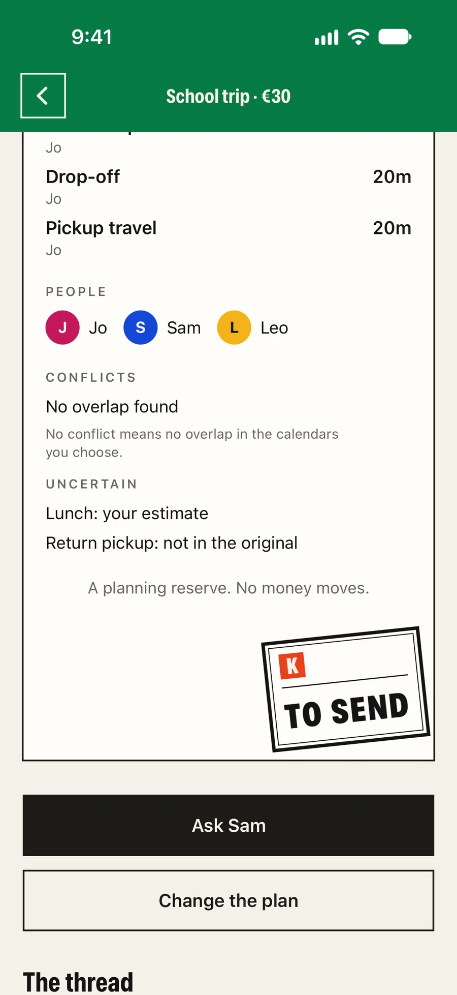 The receipt in the app: Jo does the drop-off and the pickup; the people are Jo, Sam and Leo.