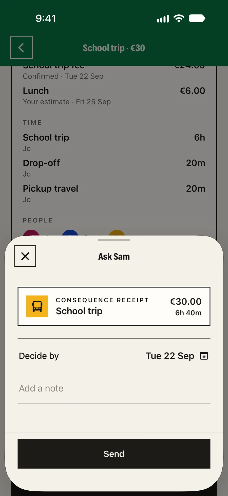 Sending the receipt to Sam in the app, to decide by Tue 22 Sep.