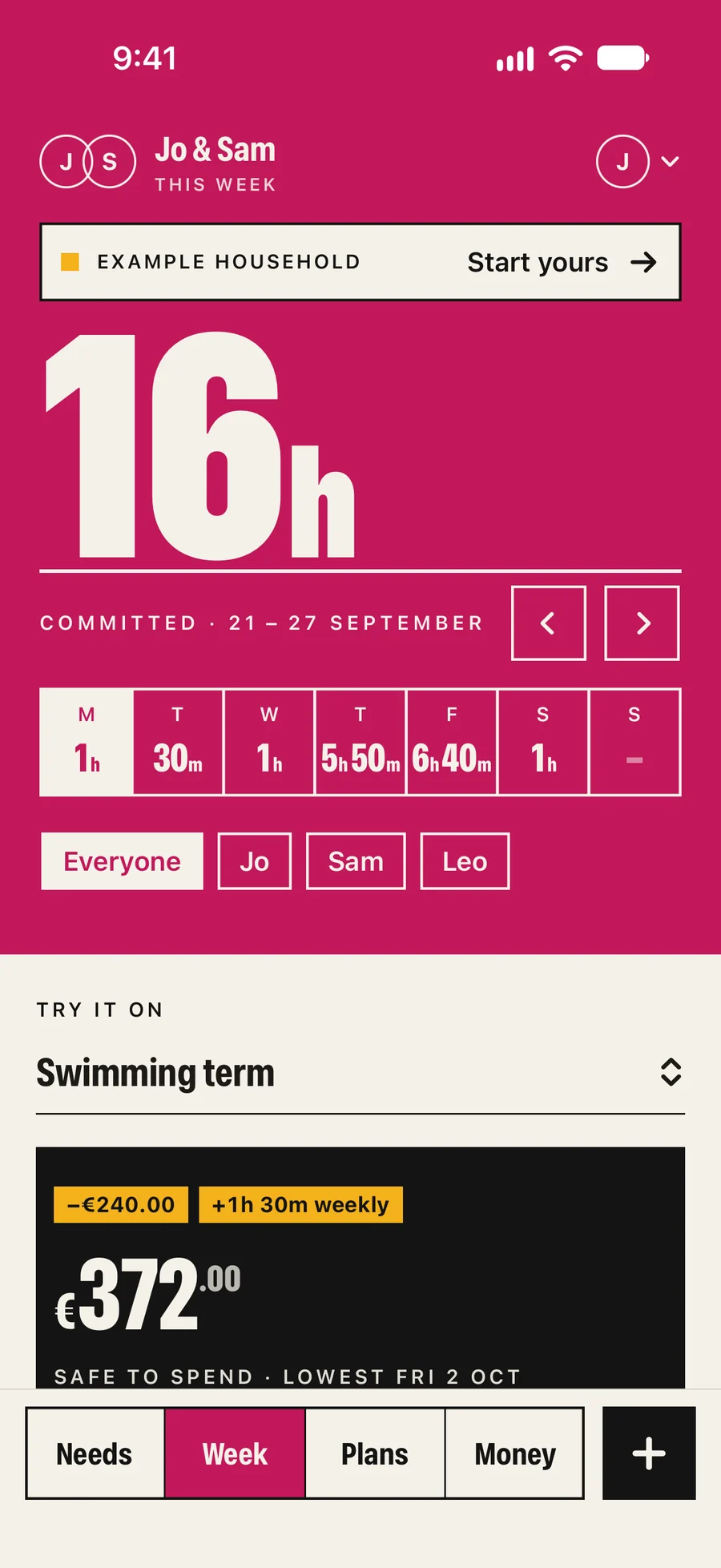 Kettle Money’s Week screen: 16h committed, 21 to 27 September, with the swimming term to try on.
