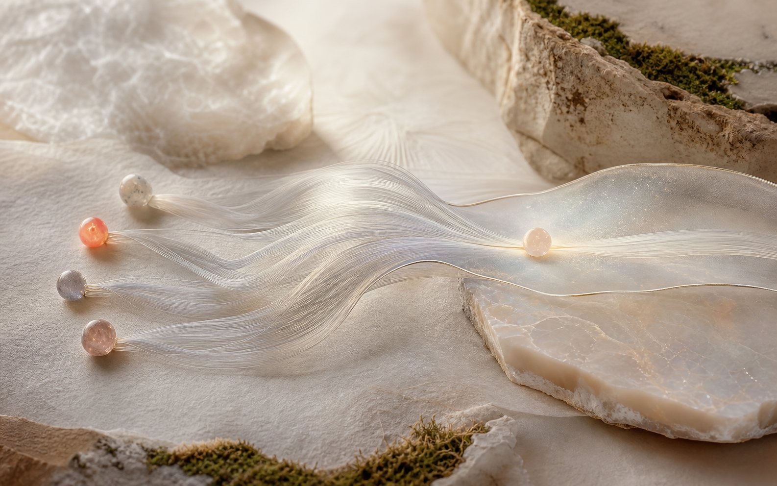 An original Mama Bloom editorial artwork of luminous woven strands passing through a translucent range