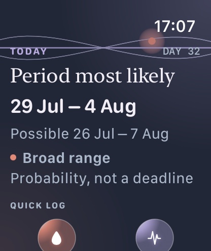 Mama Bloom Apple Watch forecast glance with likely and possible date ranges