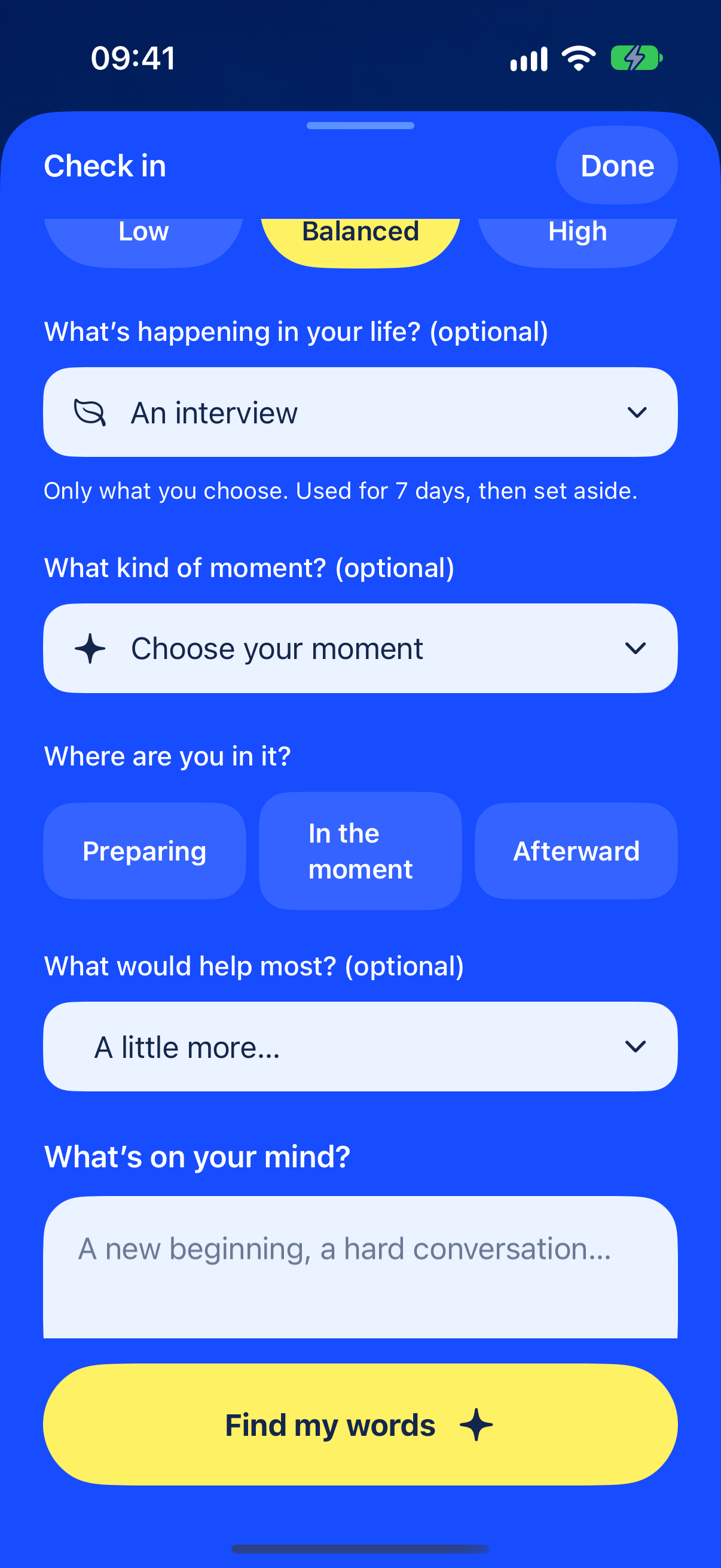 Actual Saylight iPhone app: an optional interview context, moment and support choices