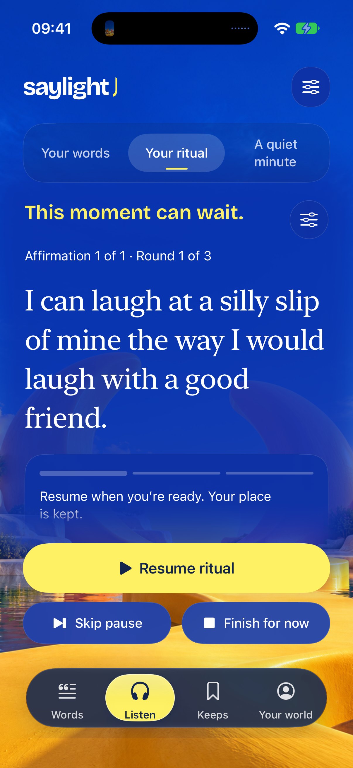 Actual Saylight iPhone ritual, paused with the exact chosen affirmation and its place preserved