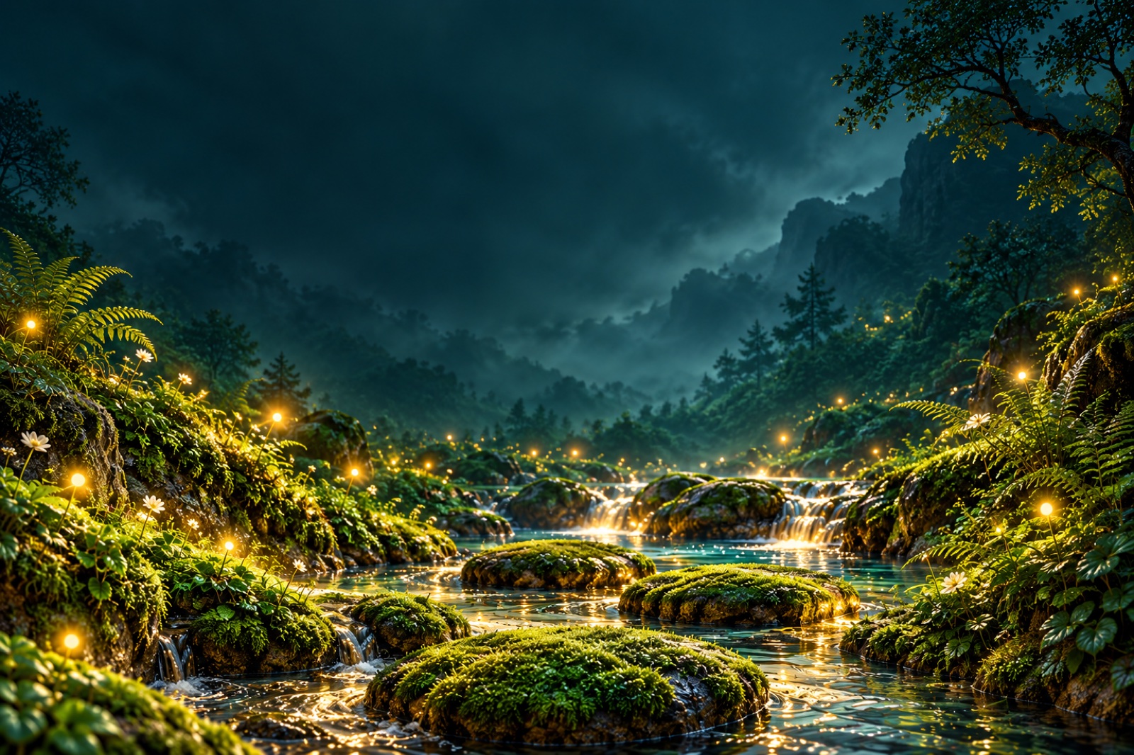 Moss sanctuary: a luminous green woodland with still water and sculptural moss