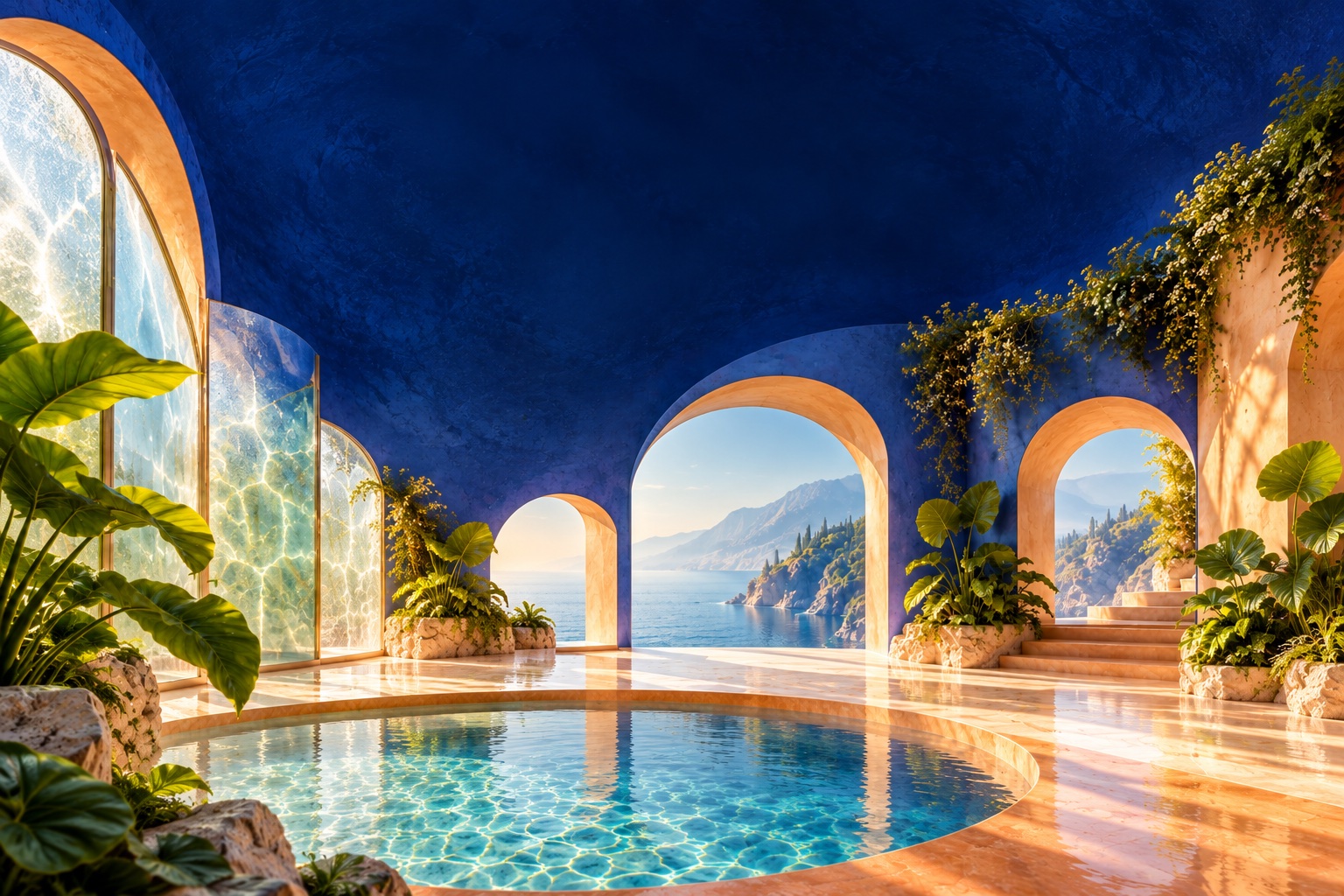 Sunroom: a warm indoor pool beneath tall arched windows and trailing plants