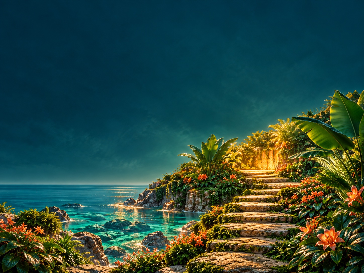 Wild light: a glowing stone stairway rising through tropical plants beside a teal sea