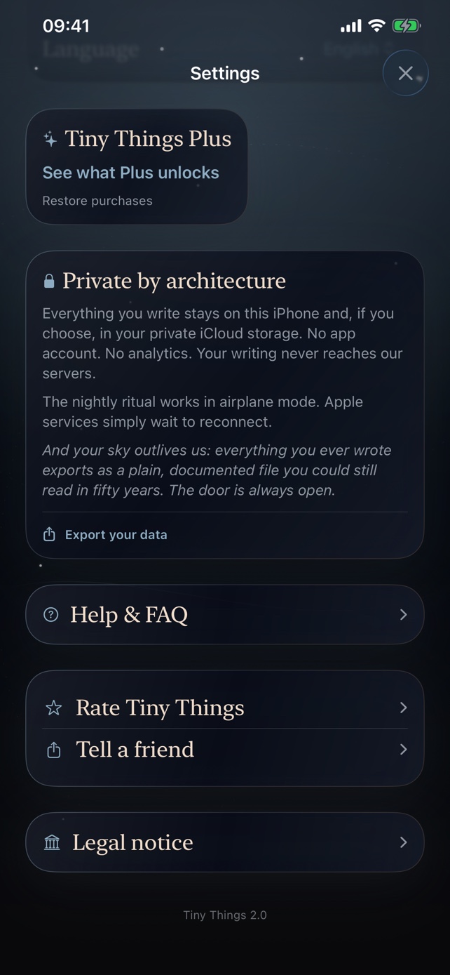 Tiny Things settings showing the Private by architecture explanation and data export control.